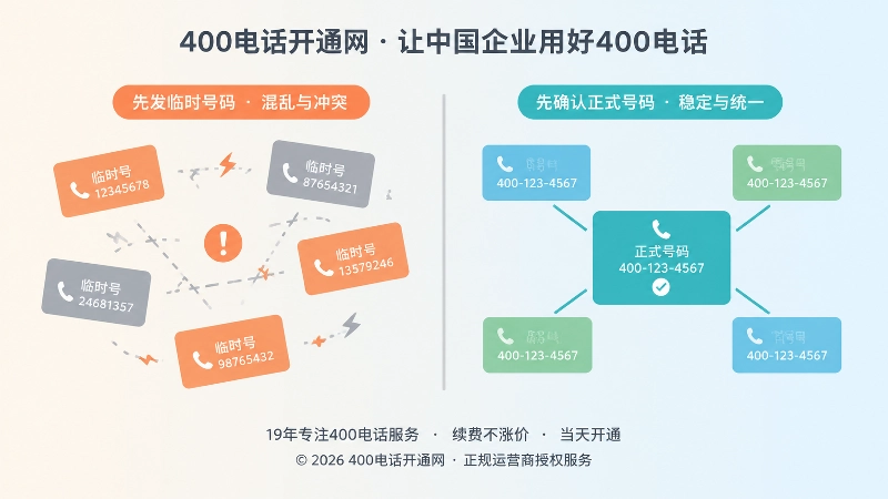 左右对比式扁平插画：左侧散乱卡片代表先发布临时号码的混乱，右侧整齐卡片代表确认后再发布的稳定